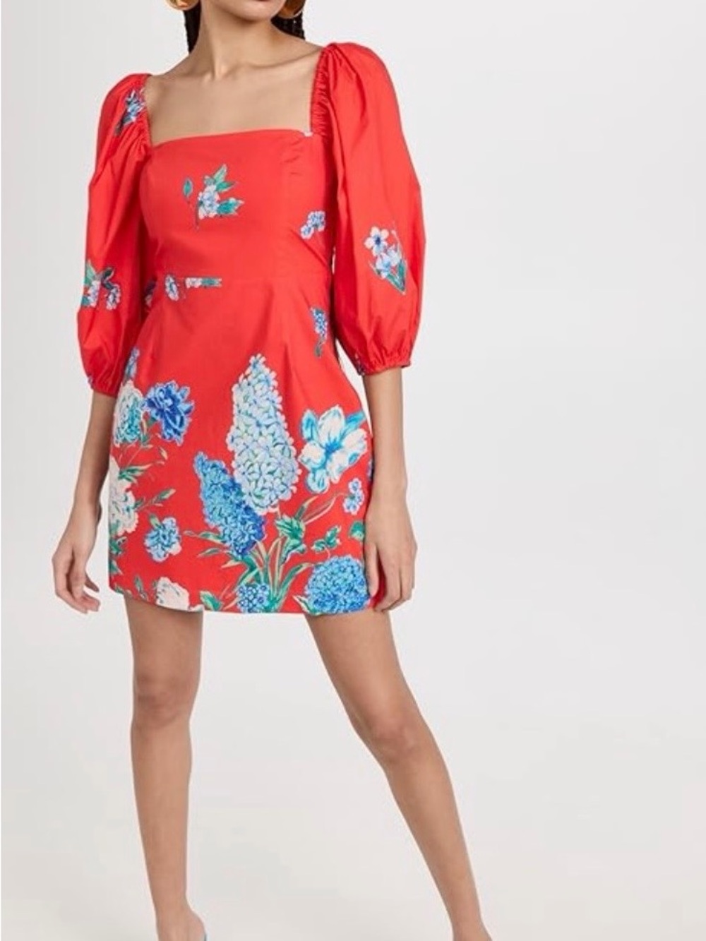 Cara Cara Red Floral Puff-Sleeve Mini Dress